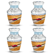 Sky Blue Car Cremation Urn back view with polished surface - modern art-inspired car motif on sleek aluminum - 10 inch aluminum urn for cremated remains
