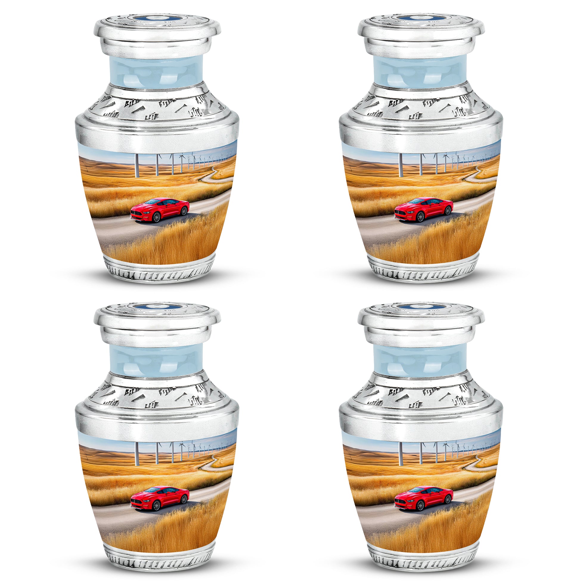 Sky Blue Car Cremation Urn back view with polished surface - modern art-inspired car motif on sleek aluminum - 10 inch aluminum urn for cremated remains