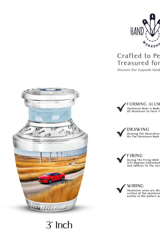 Sapphire Blue Car Cremation Urn top-down view of secure threaded lid - artistic car interpretation with creative detail - mini keepsake memorial for portion of cremation ashes