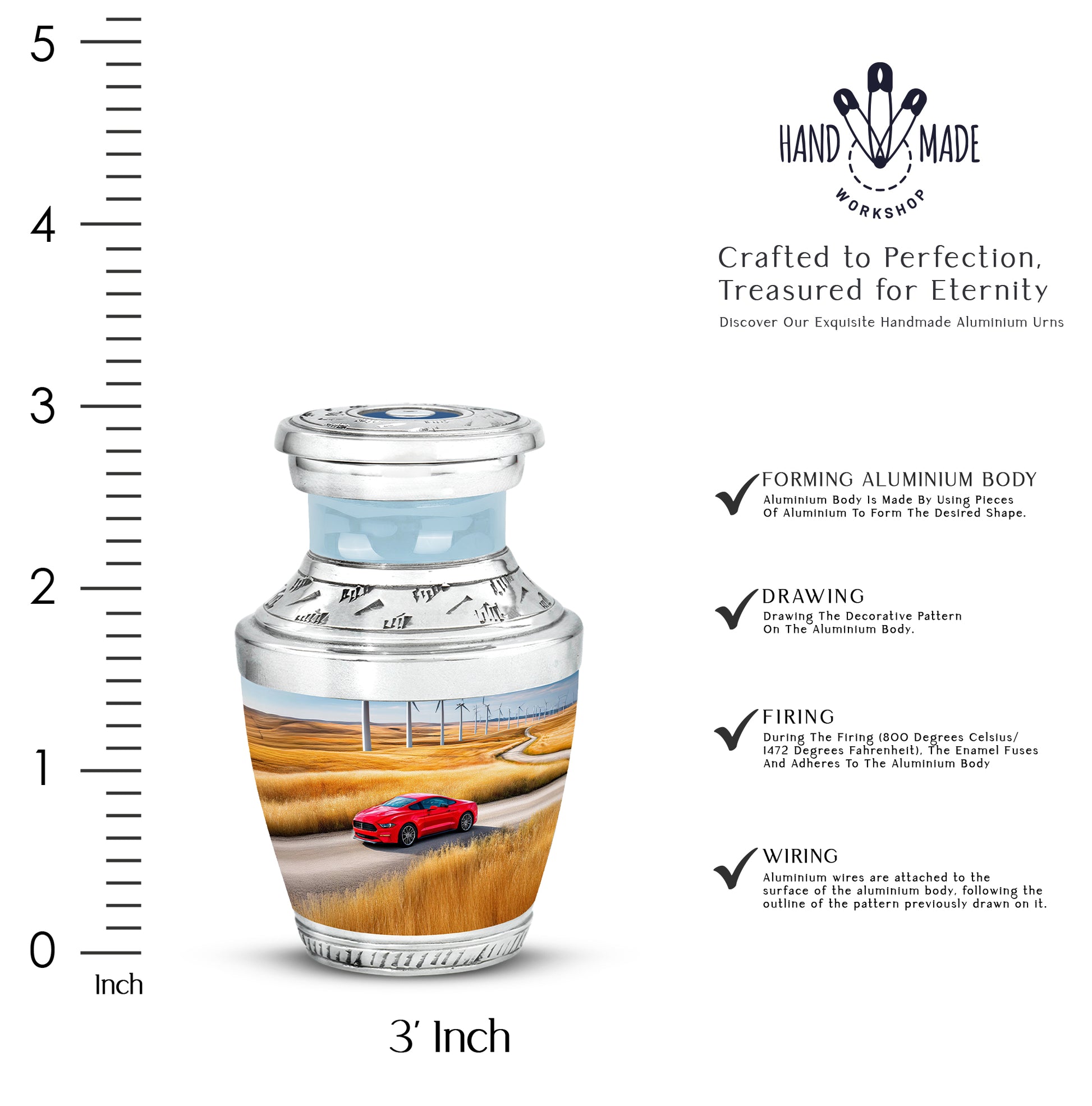 Sapphire Blue Car Cremation Urn top-down view of secure threaded lid - artistic car interpretation with creative detail - mini keepsake memorial for portion of cremation ashes