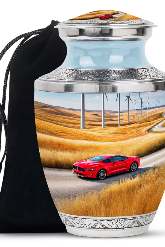 Vivid Blue Car Cremation Urn side profile showing urn shape - stylized abstract car pattern with bold lines - full-size 10 inch 200 cubic inch adult cremation urn