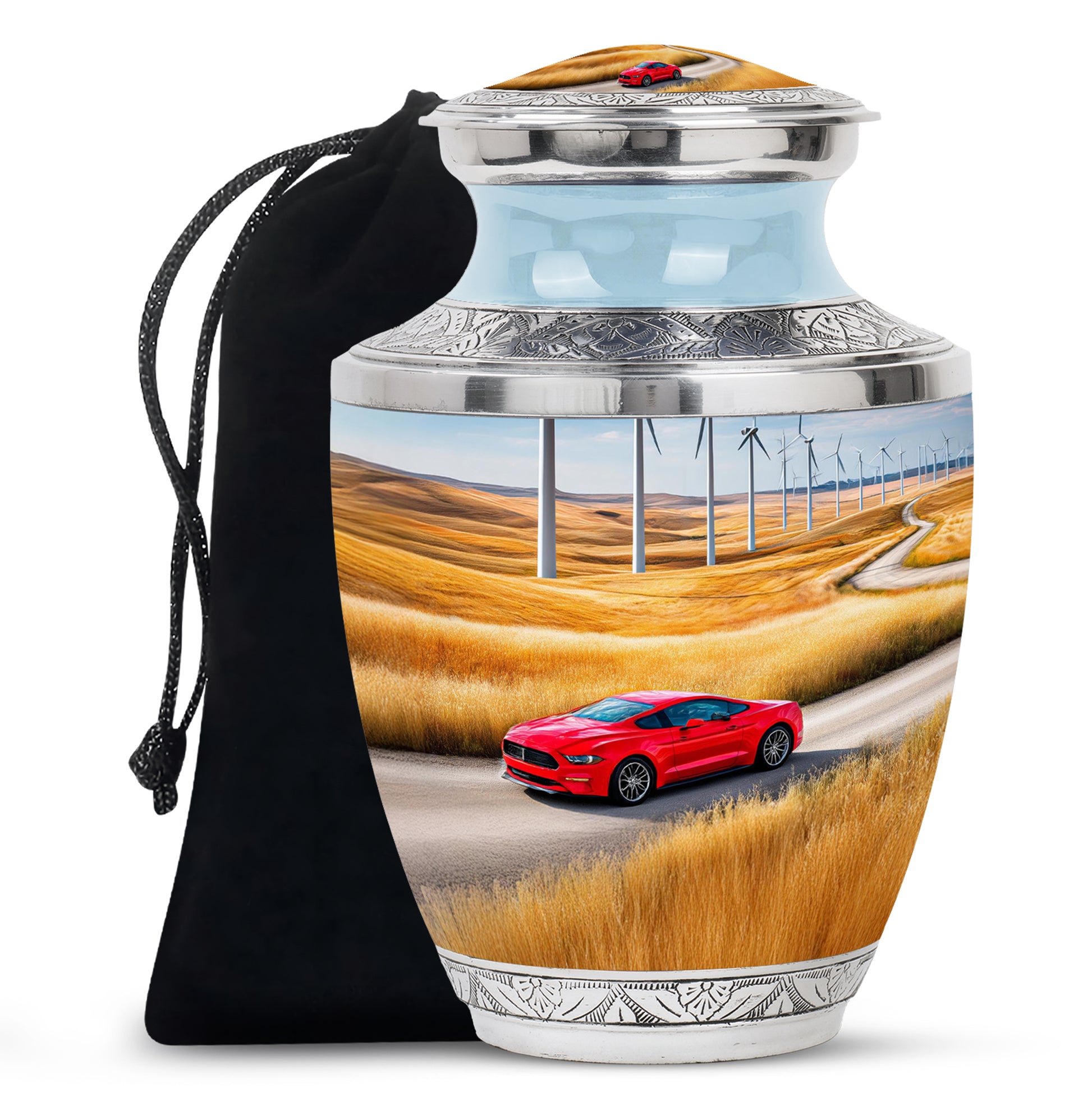 Vivid Blue Car Cremation Urn side profile showing urn shape - stylized abstract car pattern with bold lines - full-size 10 inch 200 cubic inch adult cremation urn