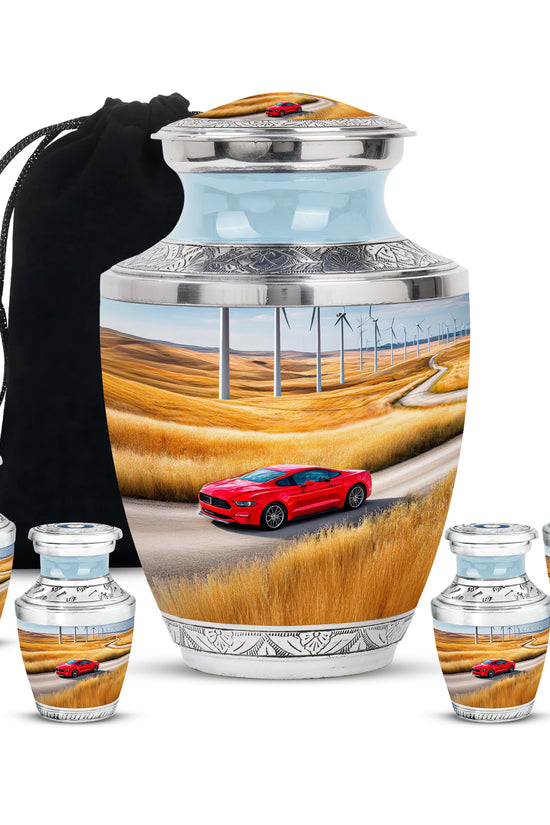 Dusty Blue Car Cremation Urn lifestyle display on memorial shelf - contemporary car design with modern artistic flair - memorial set with one large and four small urns
