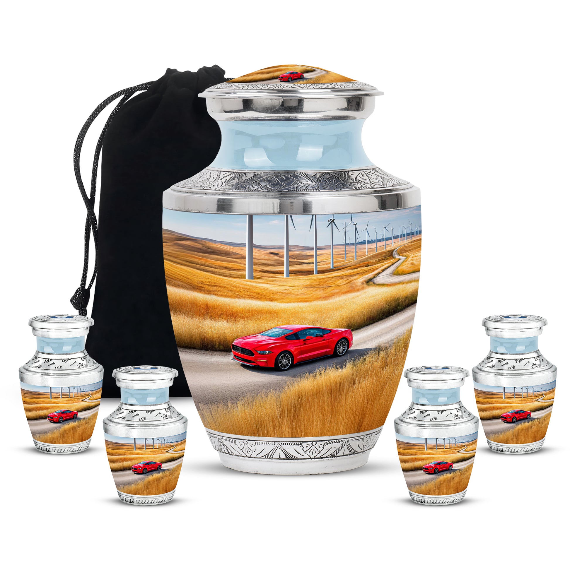 Dusty Blue Car Cremation Urn lifestyle display on memorial shelf - contemporary car design with modern artistic flair - memorial set with one large and four small urns