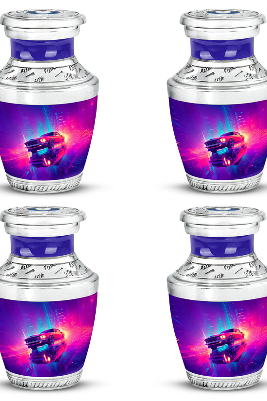 Dusty Blue Car Cremation Urn back view with polished surface - modern art-inspired car motif on sleek aluminum - 10 inch aluminum urn for cremated remains
