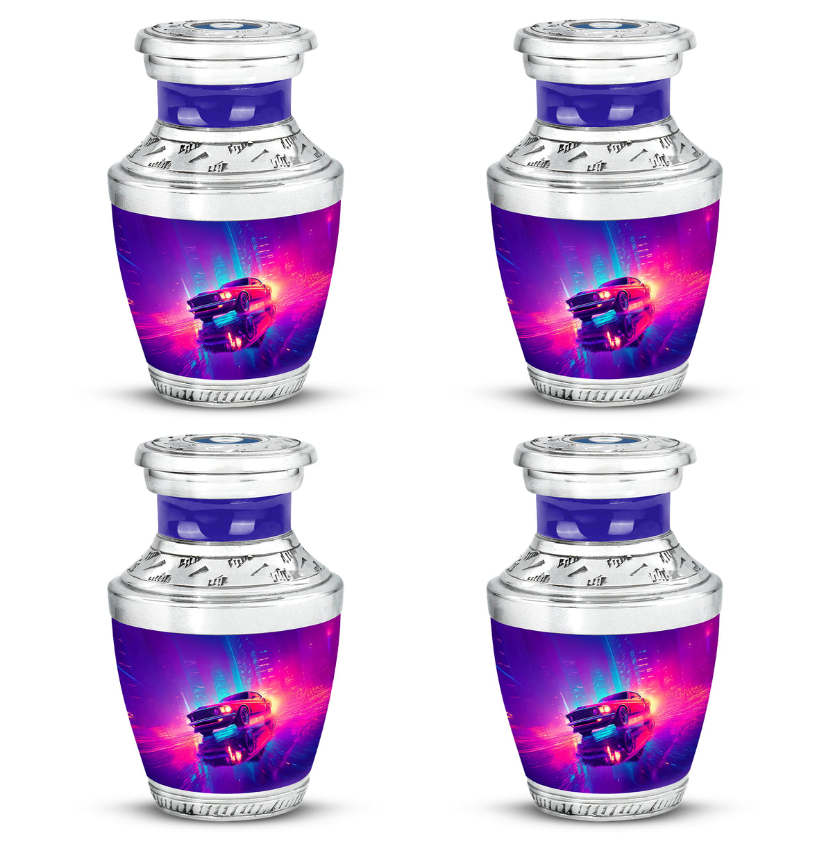 Dusty Blue Car Cremation Urn back view with polished surface - modern art-inspired car motif on sleek aluminum - 10 inch aluminum urn for cremated remains