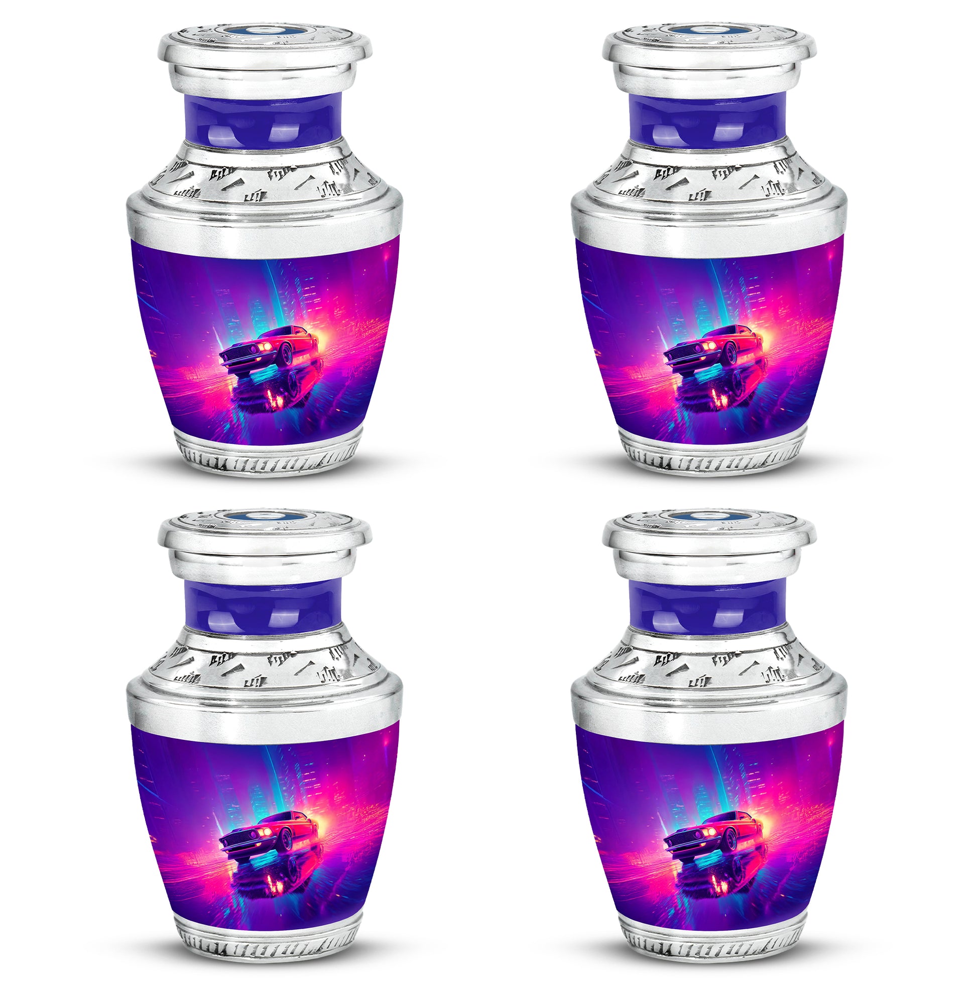 Dusty Blue Car Cremation Urn back view with polished surface - modern art-inspired car motif on sleek aluminum - 10 inch aluminum urn for cremated remains
