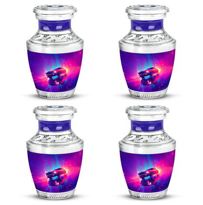 Dusty Blue Car Cremation Urn back view with polished surface - modern art-inspired car motif on sleek aluminum - 10 inch aluminum urn for cremated remains