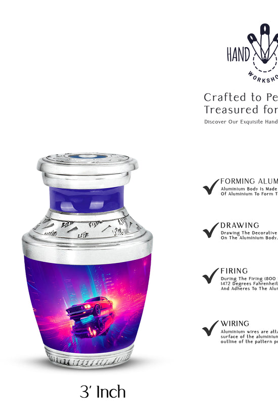 Sapphire Blue Car Cremation Urn top-down view of secure threaded lid - stylized abstract car pattern with bold lines - mini keepsake memorial for portion of cremation ashes