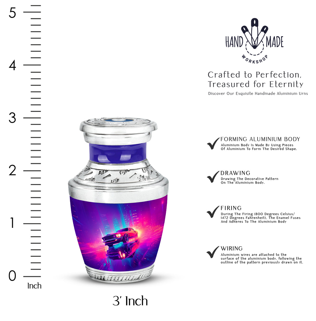 Sapphire Blue Car Cremation Urn top-down view of secure threaded lid - stylized abstract car pattern with bold lines - mini keepsake memorial for portion of cremation ashes