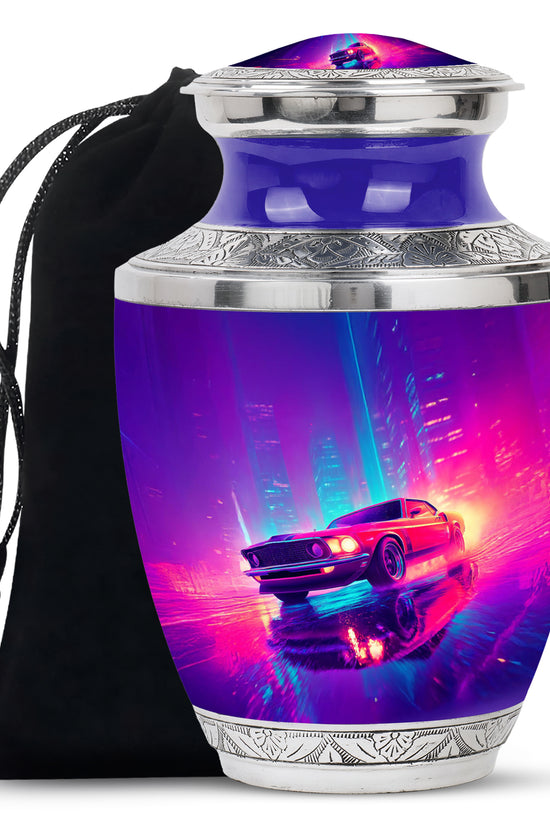 Soft Blue Car Cremation Urn side profile showing urn shape - stylized abstract car pattern with bold lines - full-size 10 inch 200 cubic inch adult cremation urn