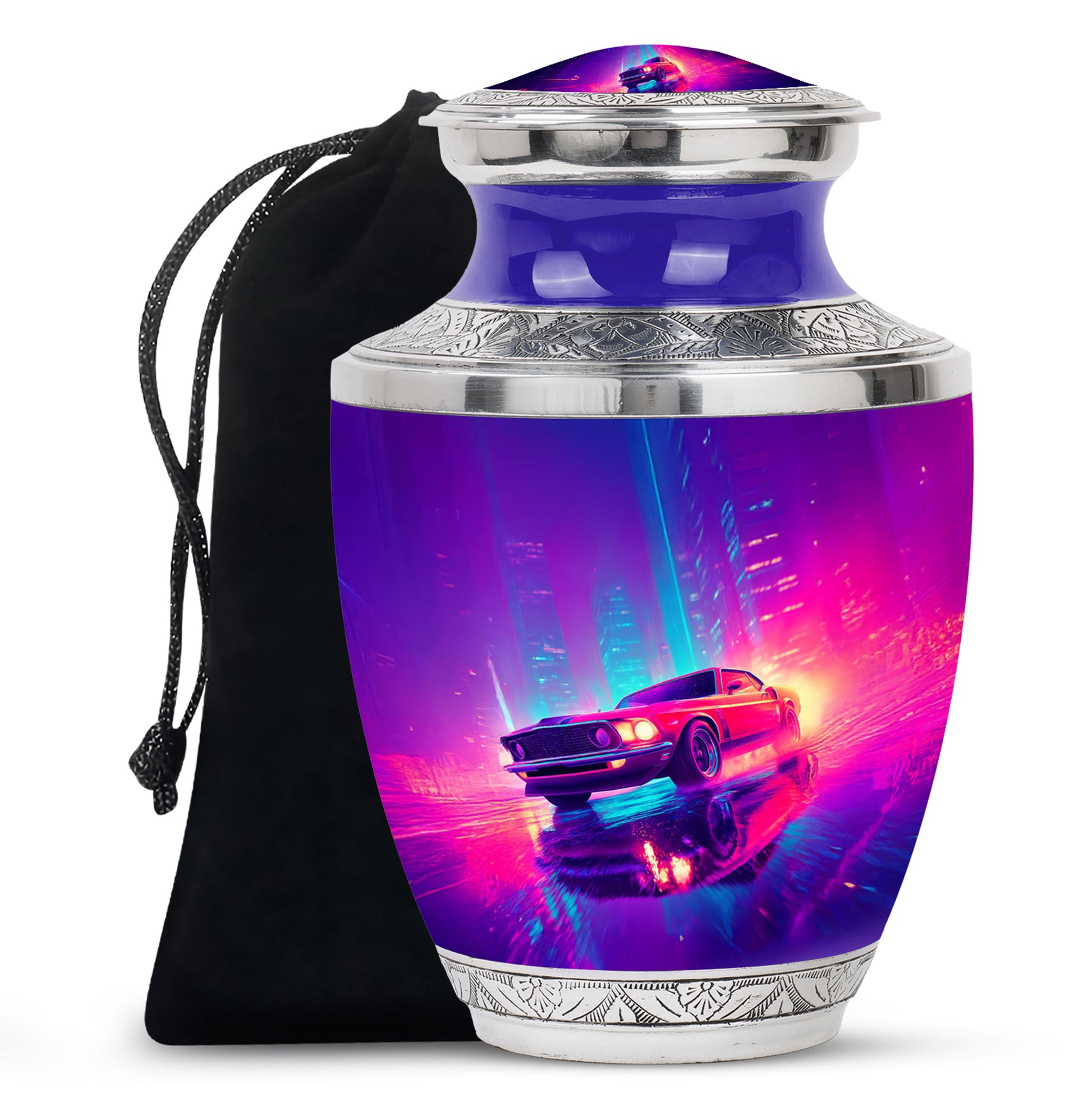 Soft Blue Car Cremation Urn side profile showing urn shape - stylized abstract car pattern with bold lines - full-size 10 inch 200 cubic inch adult cremation urn
