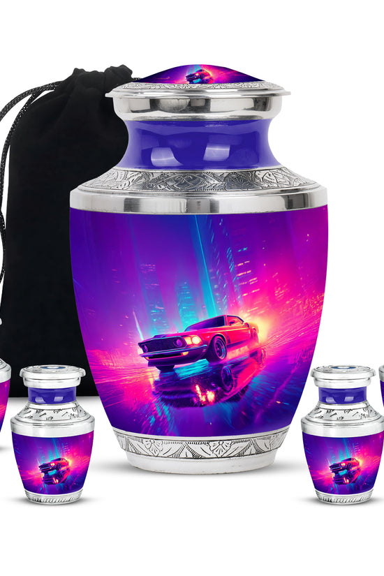 Royal Blue Car Cremation Urn lifestyle display on memorial shelf - stylized abstract car pattern with bold lines - memorial set with one large and four small urns