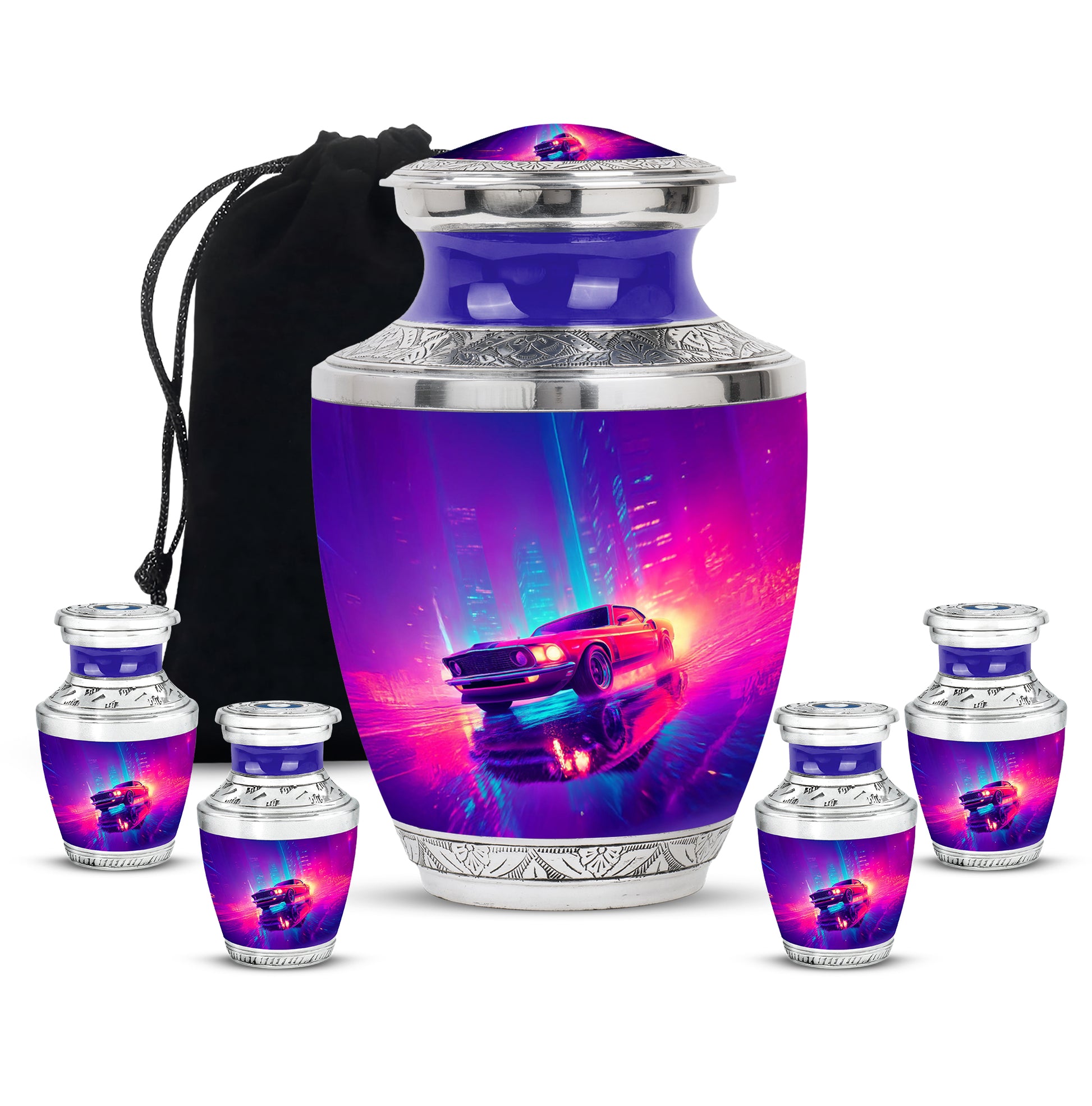 Royal Blue Car Cremation Urn lifestyle display on memorial shelf - stylized abstract car pattern with bold lines - memorial set with one large and four small urns