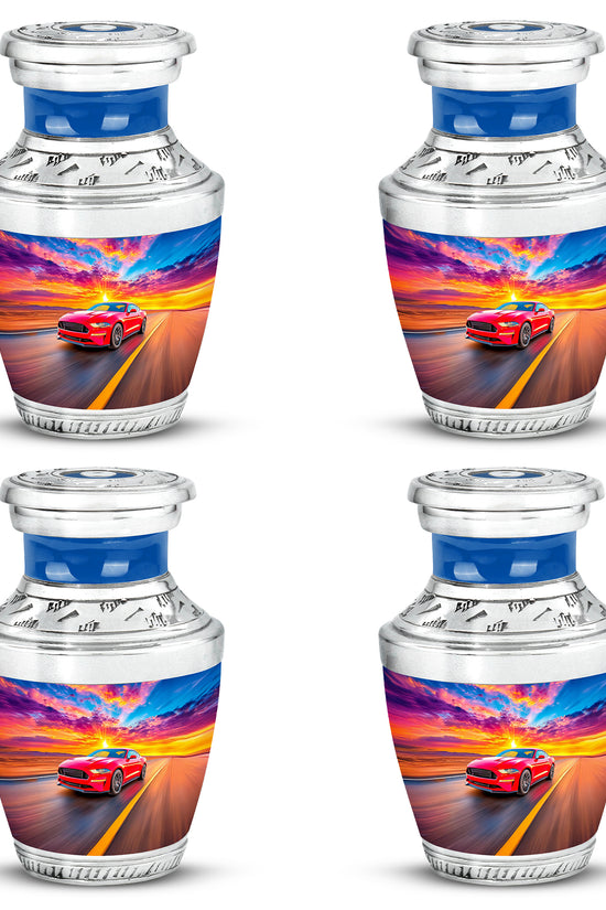 Cornflower Blue Car Cremation Urn back view with polished surface - artistic car interpretation with creative detail - 10 inch aluminum urn for cremated remains