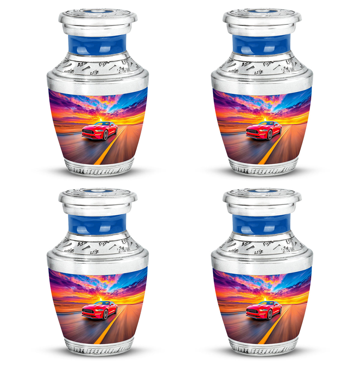 Cornflower Blue Car Cremation Urn back view with polished surface - artistic car interpretation with creative detail - 10 inch aluminum urn for cremated remains