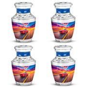 Cornflower Blue Car Cremation Urn back view with polished surface - artistic car interpretation with creative detail - 10 inch aluminum urn for cremated remains