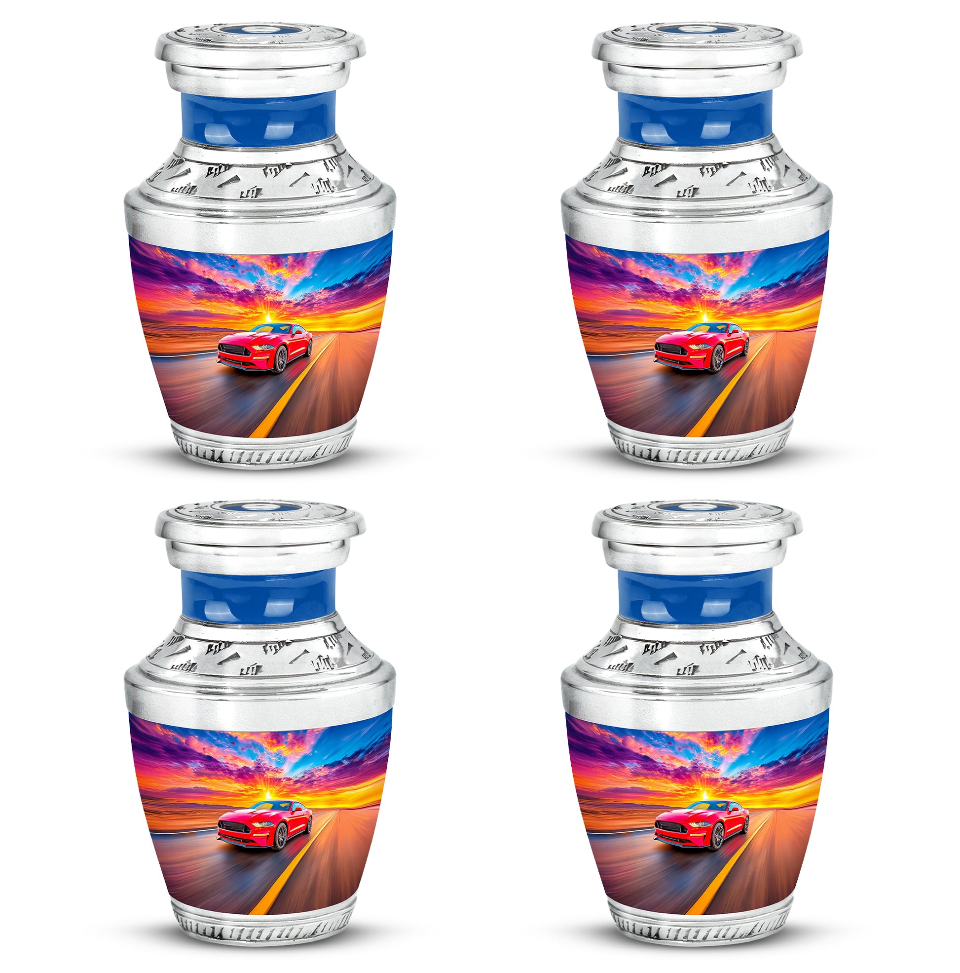 Cornflower Blue Car Cremation Urn back view with polished surface - artistic car interpretation with creative detail - 10 inch aluminum urn for cremated remains