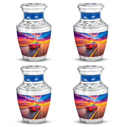 Cornflower Blue Car Cremation Urn back view with polished surface - artistic car interpretation with creative detail - 10 inch aluminum urn for cremated remains