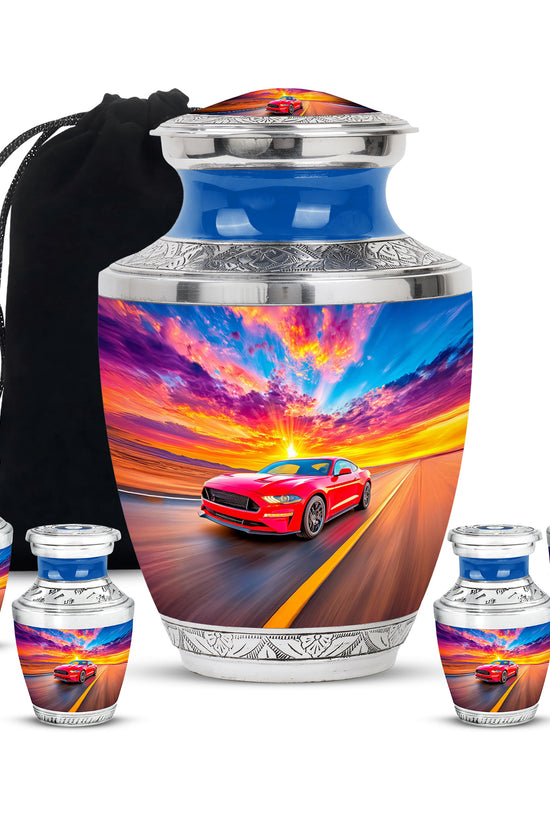 Pastel Blue Car Cremation Urn lifestyle display on memorial shelf - contemporary car design with modern artistic flair - memorial set with one large and four small urns