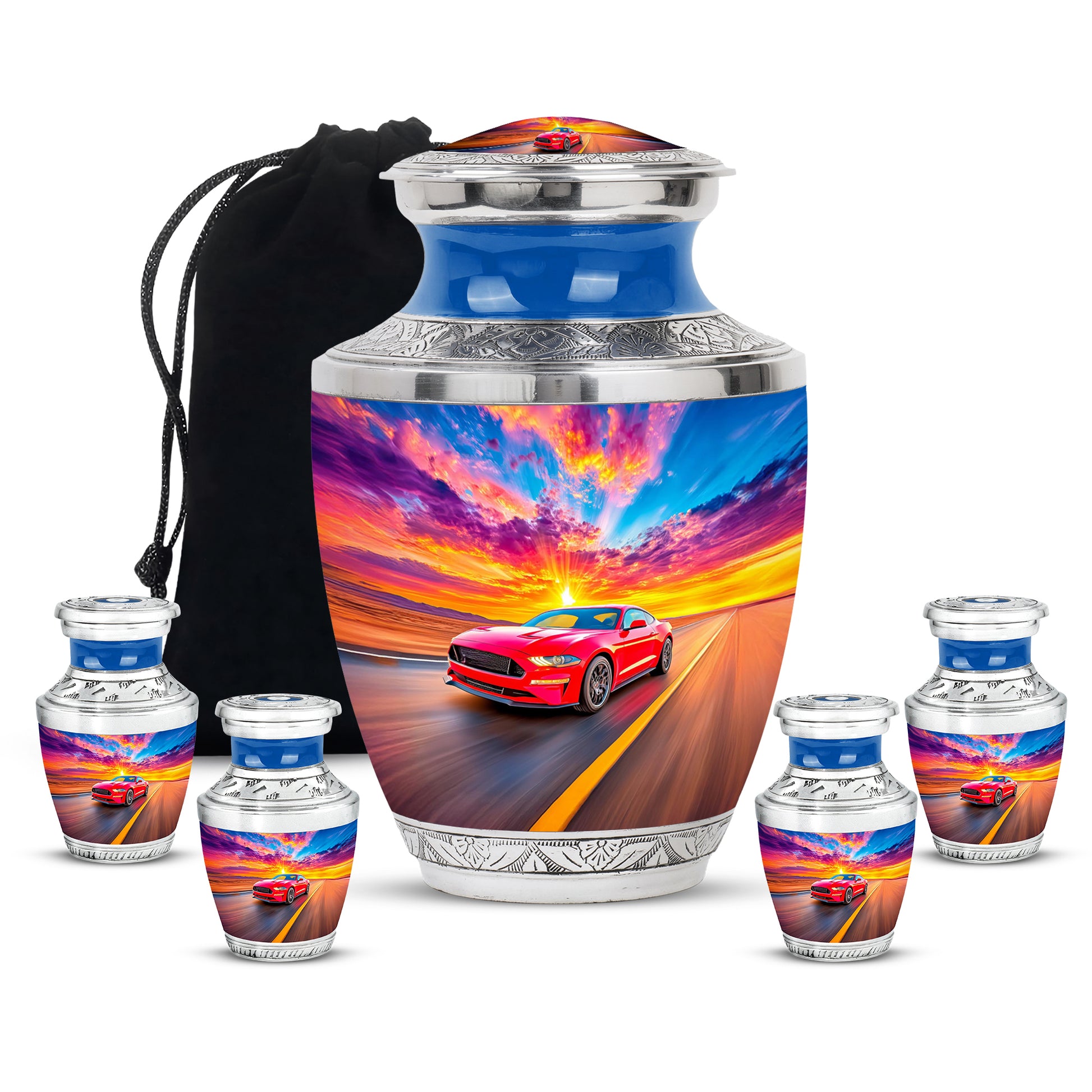 Pastel Blue Car Cremation Urn lifestyle display on memorial shelf - contemporary car design with modern artistic flair - memorial set with one large and four small urns