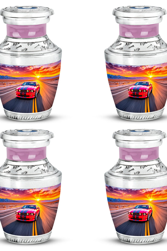 Blush Pink Car Cremation Urn back view with polished surface - contemporary car design with modern artistic flair - 10 inch aluminum urn for cremated remains