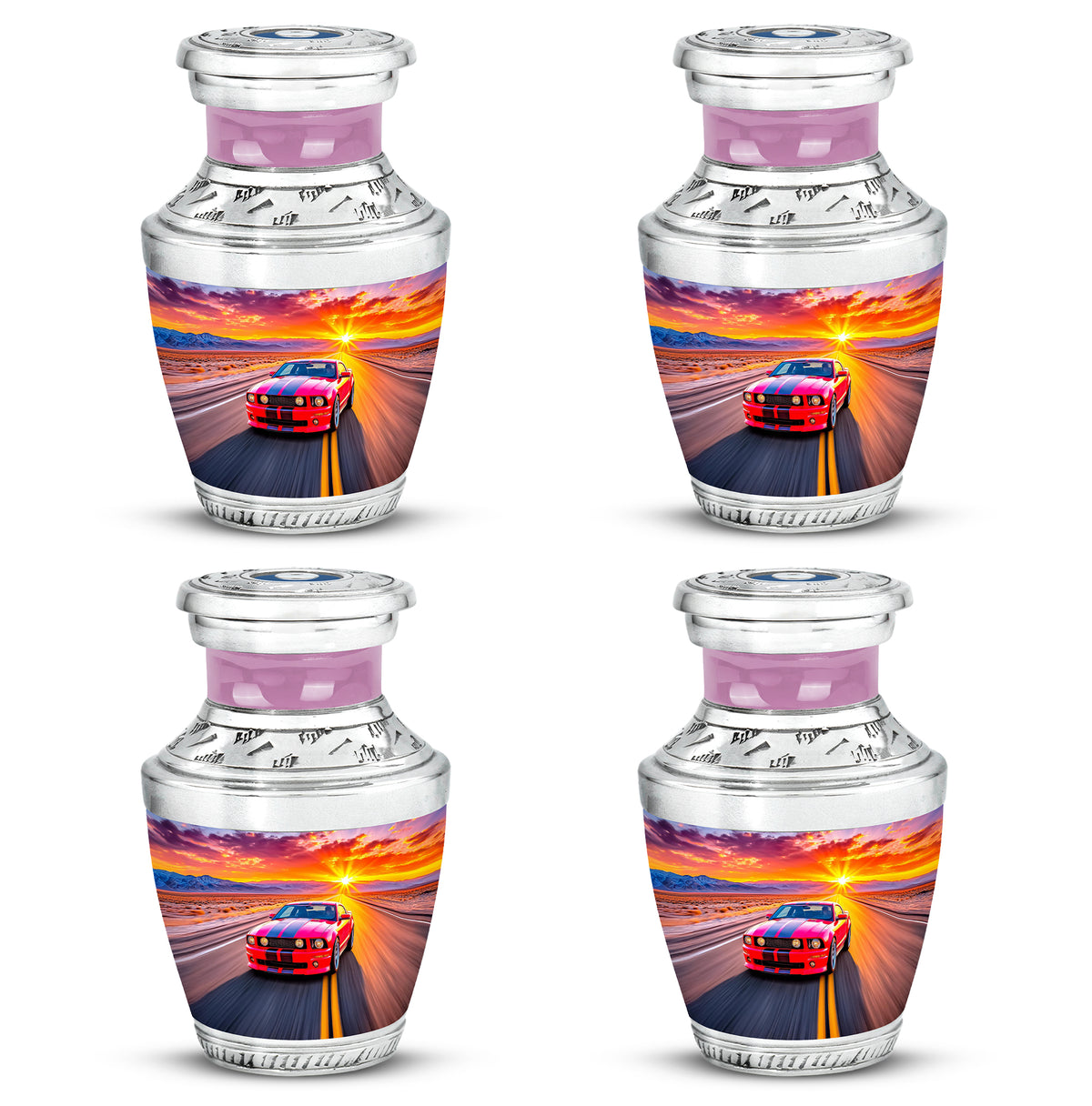 Blush Pink Car Cremation Urn back view with polished surface - contemporary car design with modern artistic flair - 10 inch aluminum urn for cremated remains