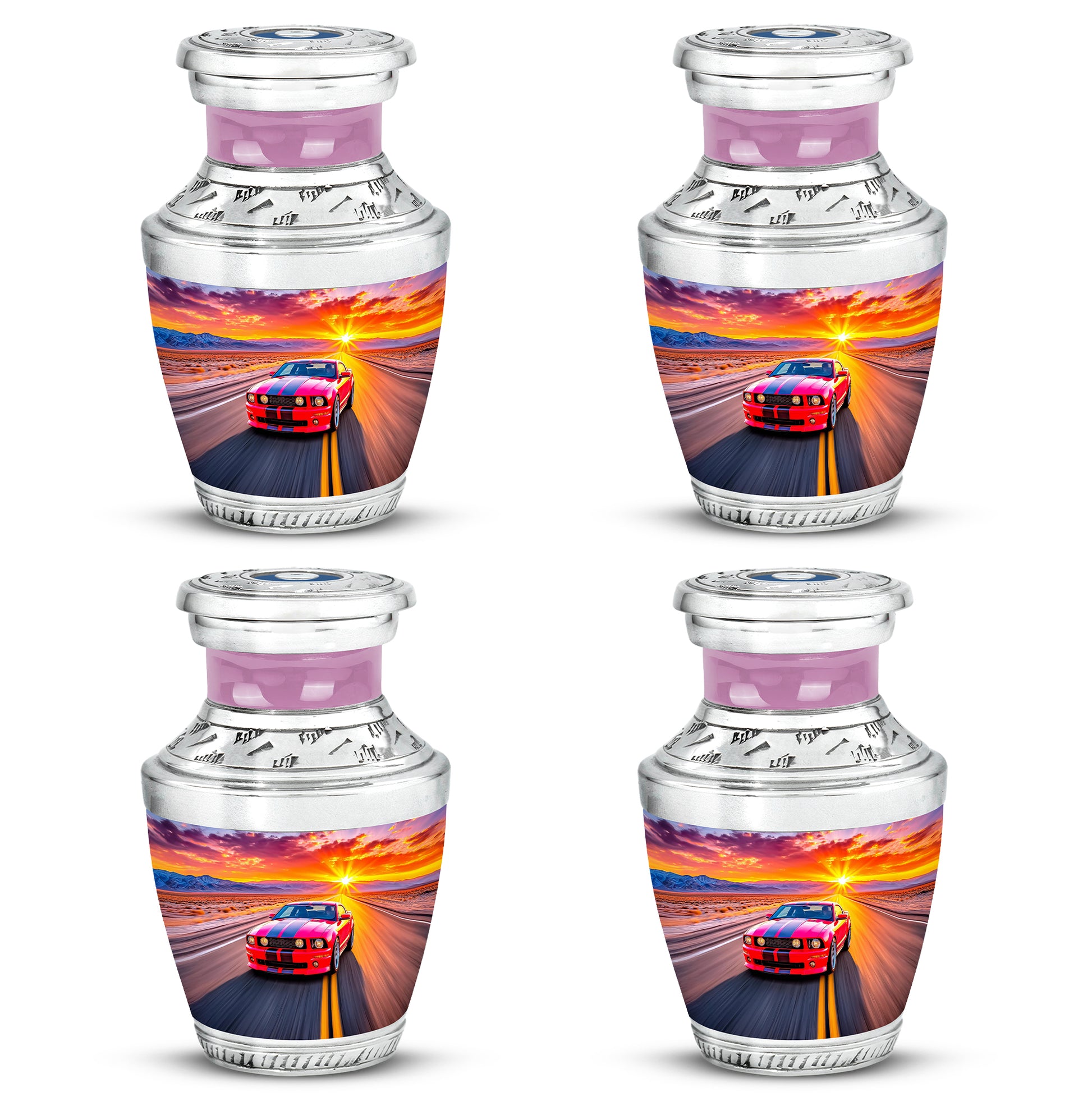 Blush Pink Car Cremation Urn back view with polished surface - contemporary car design with modern artistic flair - 10 inch aluminum urn for cremated remains