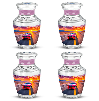 Blush Pink Car Cremation Urn back view with polished surface - contemporary car design with modern artistic flair - 10 inch aluminum urn for cremated remains