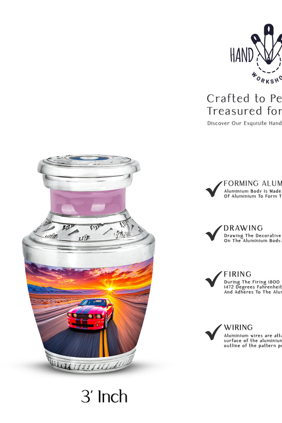 Vintage Pink Car Cremation Urn top-down view of secure threaded lid - artistic car interpretation with creative detail - mini keepsake memorial for portion of cremation ashes