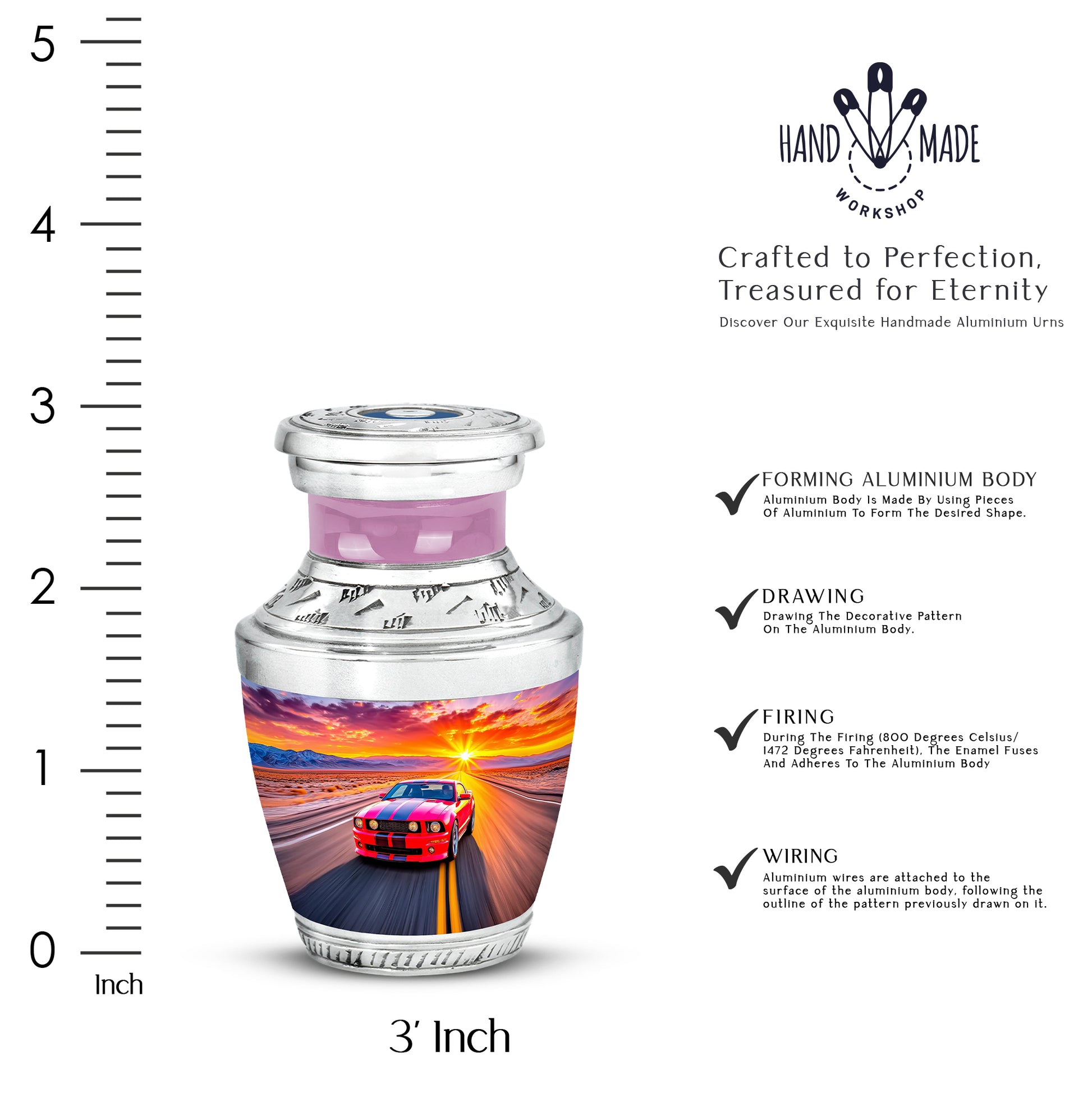 Vintage Pink Car Cremation Urn top-down view of secure threaded lid - artistic car interpretation with creative detail - mini keepsake memorial for portion of cremation ashes