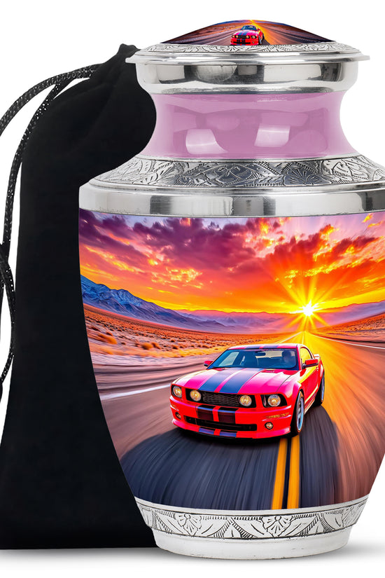 Pastel Pink Car Cremation Urn side profile showing urn shape - modern art-inspired car motif on sleek aluminum - full-size 10 inch 200 cubic inch adult cremation urn
