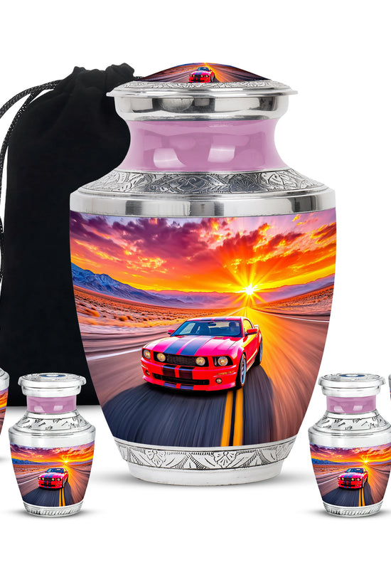 Rose Pink Car Cremation Urn lifestyle display on memorial shelf - modern art-inspired car motif on sleek aluminum - memorial set with one large and four small urns