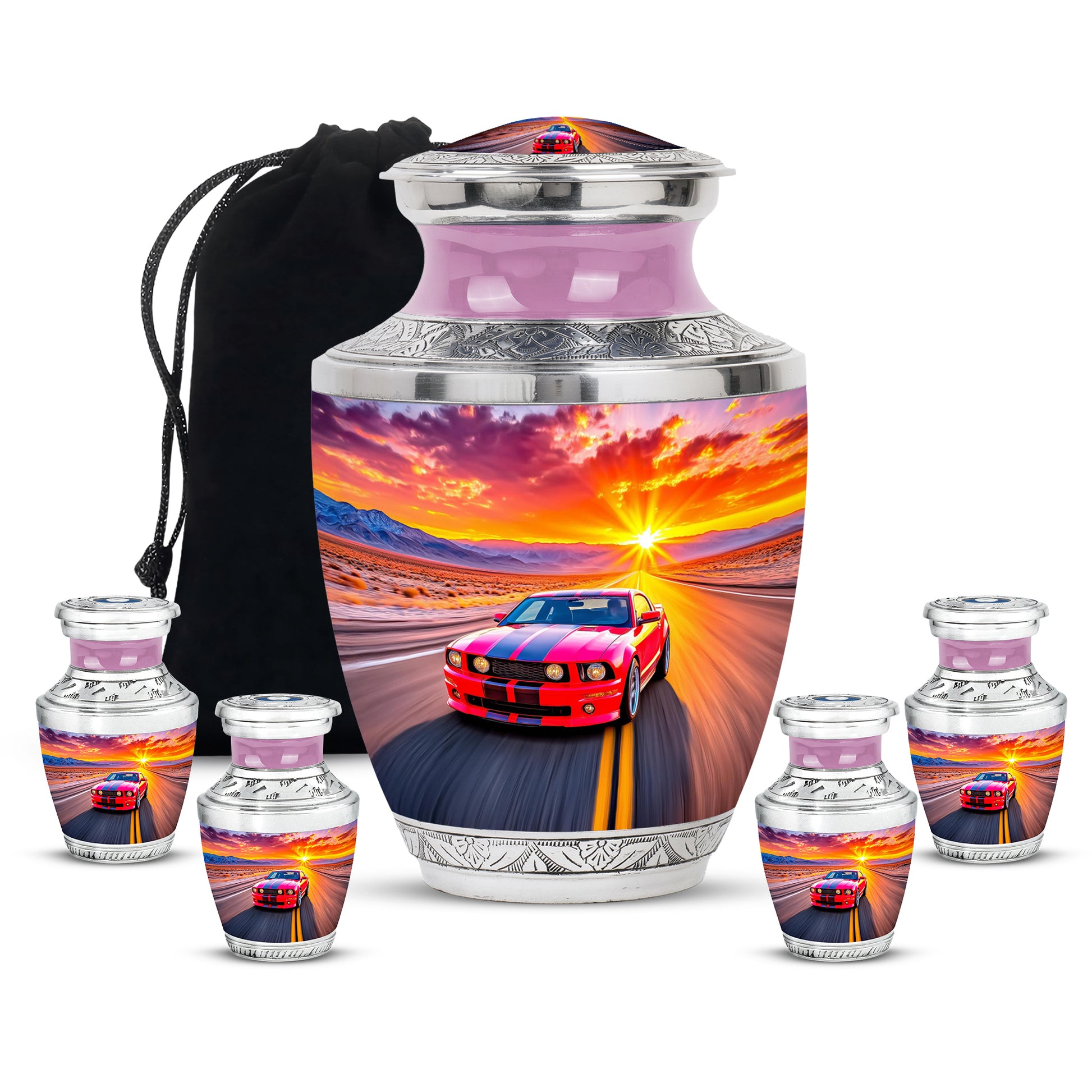 Rose Pink Car Cremation Urn lifestyle display on memorial shelf - modern art-inspired car motif on sleek aluminum - memorial set with one large and four small urns