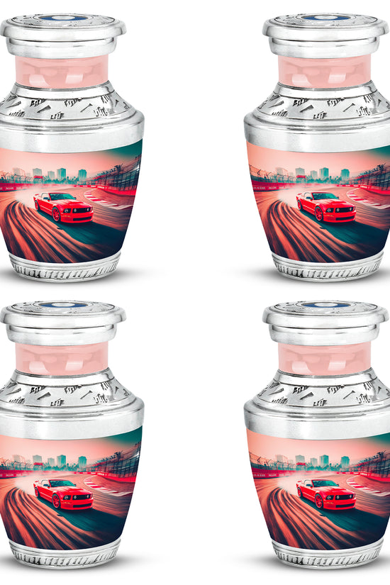 Burgundy Red Car Cremation Urn back view with polished surface - contemporary car design with modern artistic flair - 10 inch aluminum urn for cremated remains