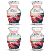 Burgundy Red Car Cremation Urn back view with polished surface - contemporary car design with modern artistic flair - 10 inch aluminum urn for cremated remains