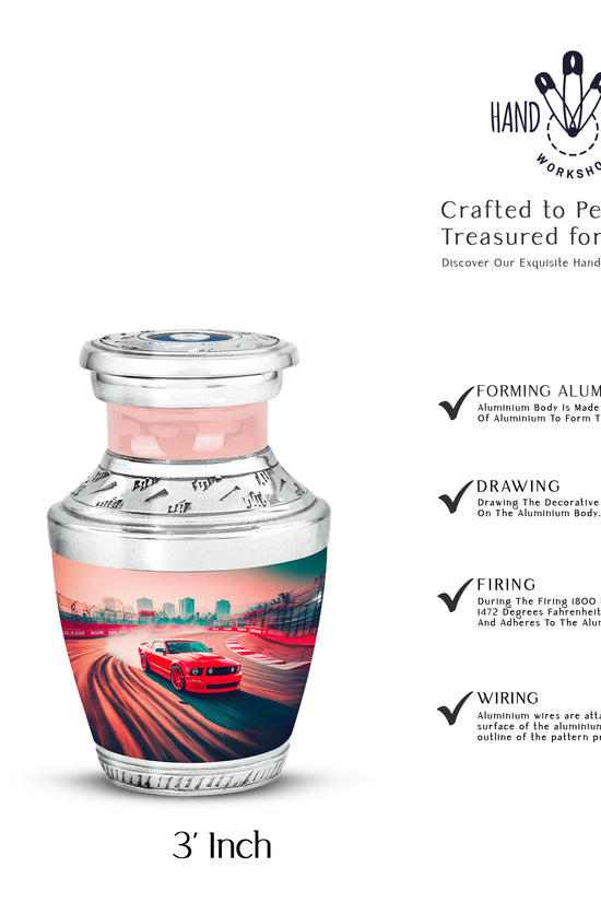 Deep Red Car Cremation Urn top-down view of secure threaded lid - modern art-inspired car motif on sleek aluminum - mini keepsake memorial for portion of cremation ashes