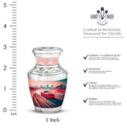Deep Red Car Cremation Urn top-down view of secure threaded lid - modern art-inspired car motif on sleek aluminum - mini keepsake memorial for portion of cremation ashes