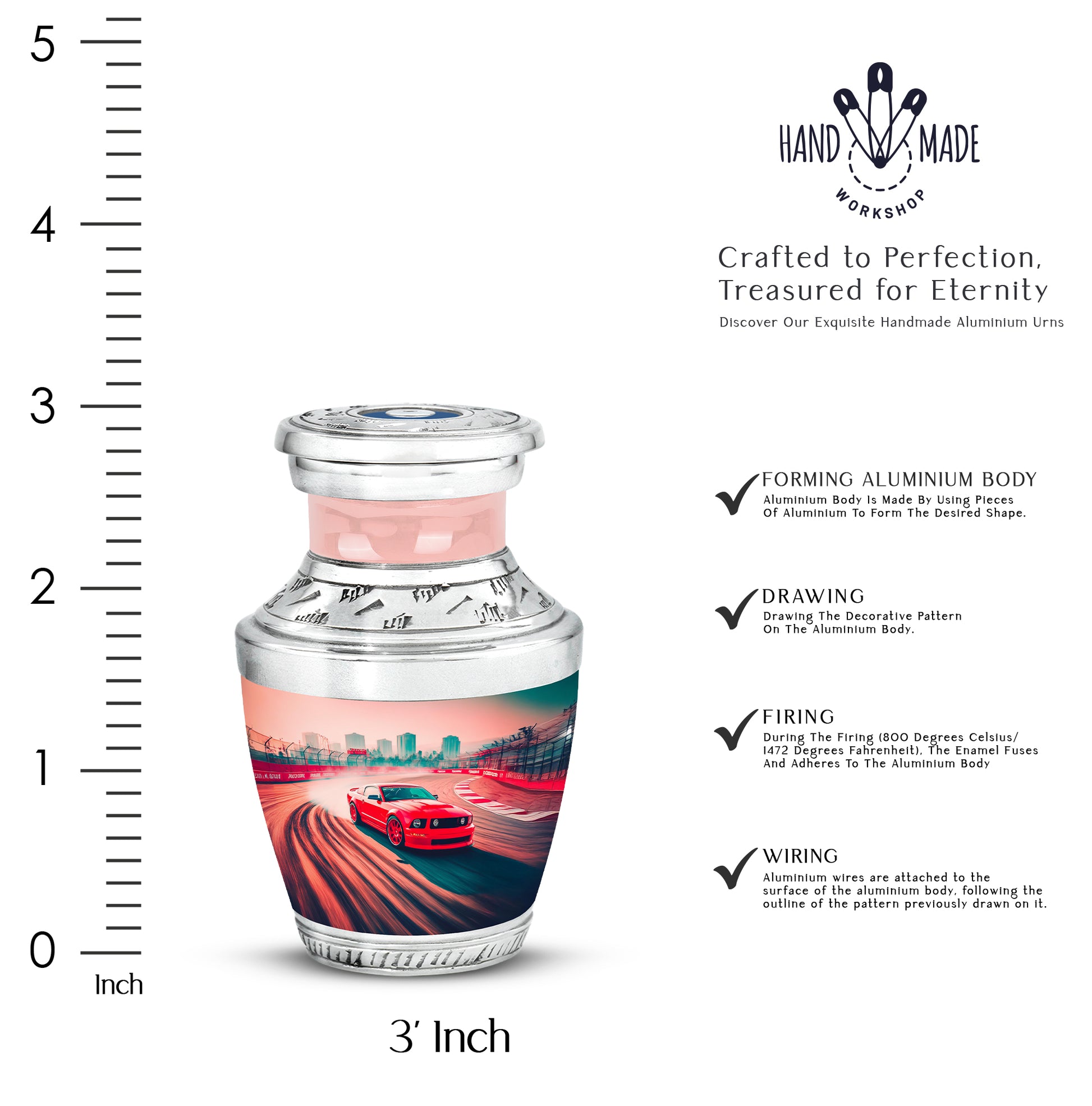 Deep Red Car Cremation Urn top-down view of secure threaded lid - modern art-inspired car motif on sleek aluminum - mini keepsake memorial for portion of cremation ashes