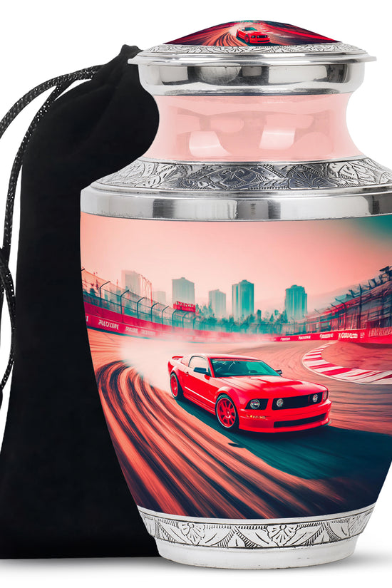 Scarlet Red Car Cremation Urn side profile showing urn shape - stylized abstract car pattern with bold lines - full-size 10 inch 200 cubic inch adult cremation urn