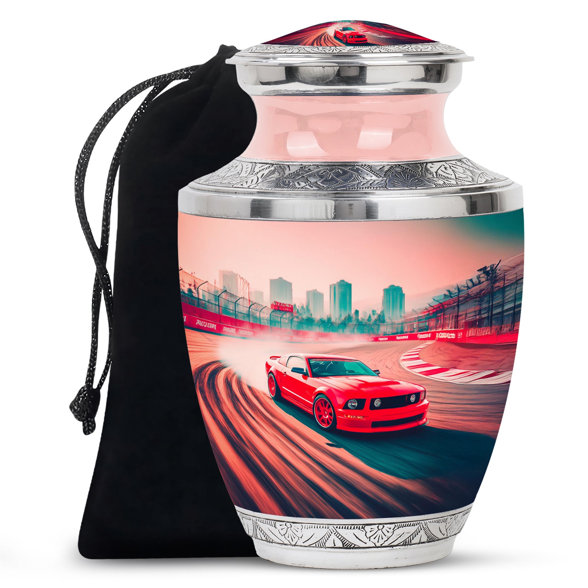 Scarlet Red Car Cremation Urn side profile showing urn shape - stylized abstract car pattern with bold lines - full-size 10 inch 200 cubic inch adult cremation urn