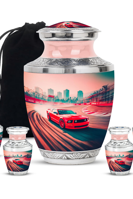 Burgundy Red Car Cremation Urn lifestyle display on memorial shelf - modern art-inspired car motif on sleek aluminum - memorial set with one large and four small urns