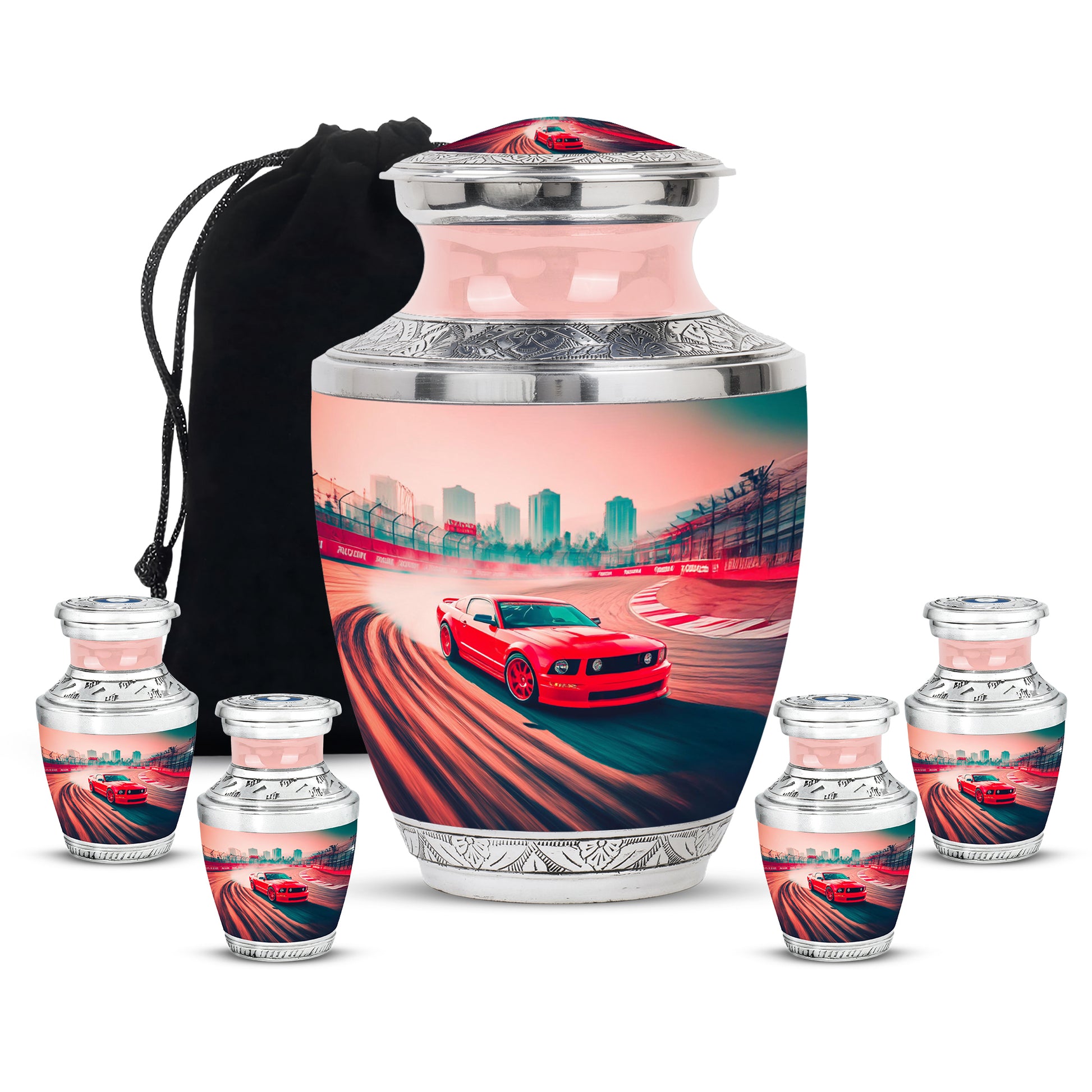 Burgundy Red Car Cremation Urn lifestyle display on memorial shelf - modern art-inspired car motif on sleek aluminum - memorial set with one large and four small urns