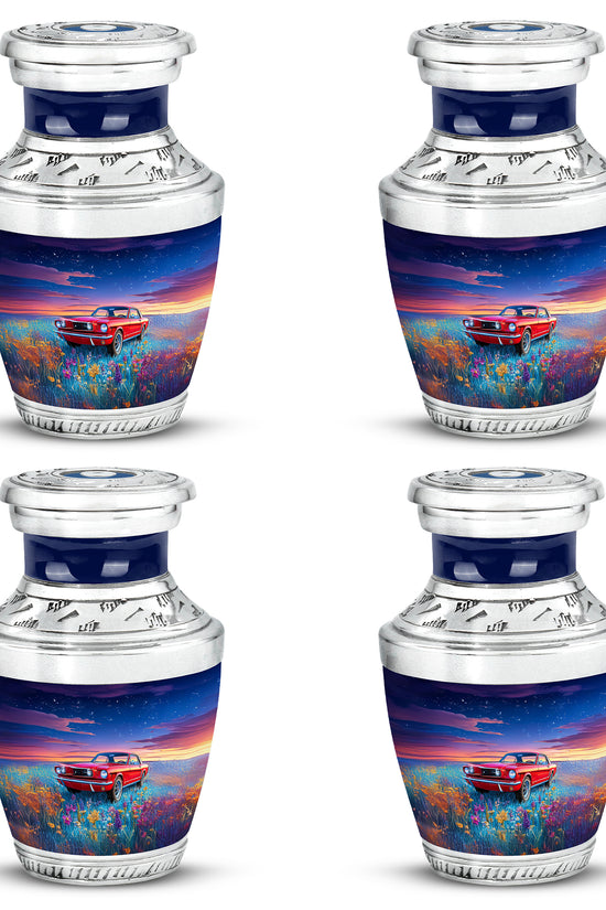 Icy Blue Car Cremation Urn back view with polished surface - contemporary car design with modern artistic flair - 10 inch aluminum urn for cremated remains