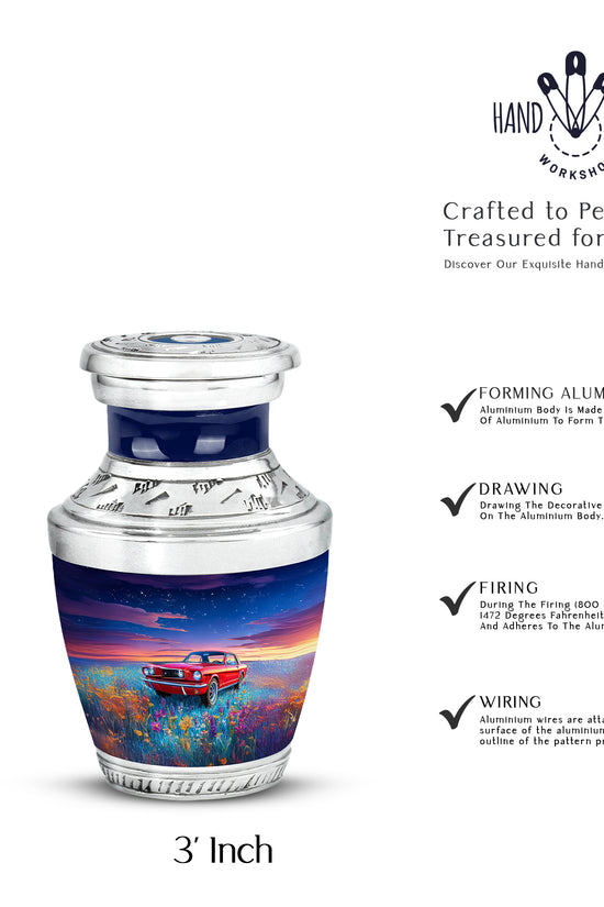 Calming Blue Car Cremation Urn top-down view of secure threaded lid - artistic car interpretation with creative detail - mini keepsake memorial for portion of cremation ashes