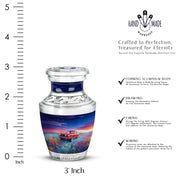Calming Blue Car Cremation Urn top-down view of secure threaded lid - artistic car interpretation with creative detail - mini keepsake memorial for portion of cremation ashes