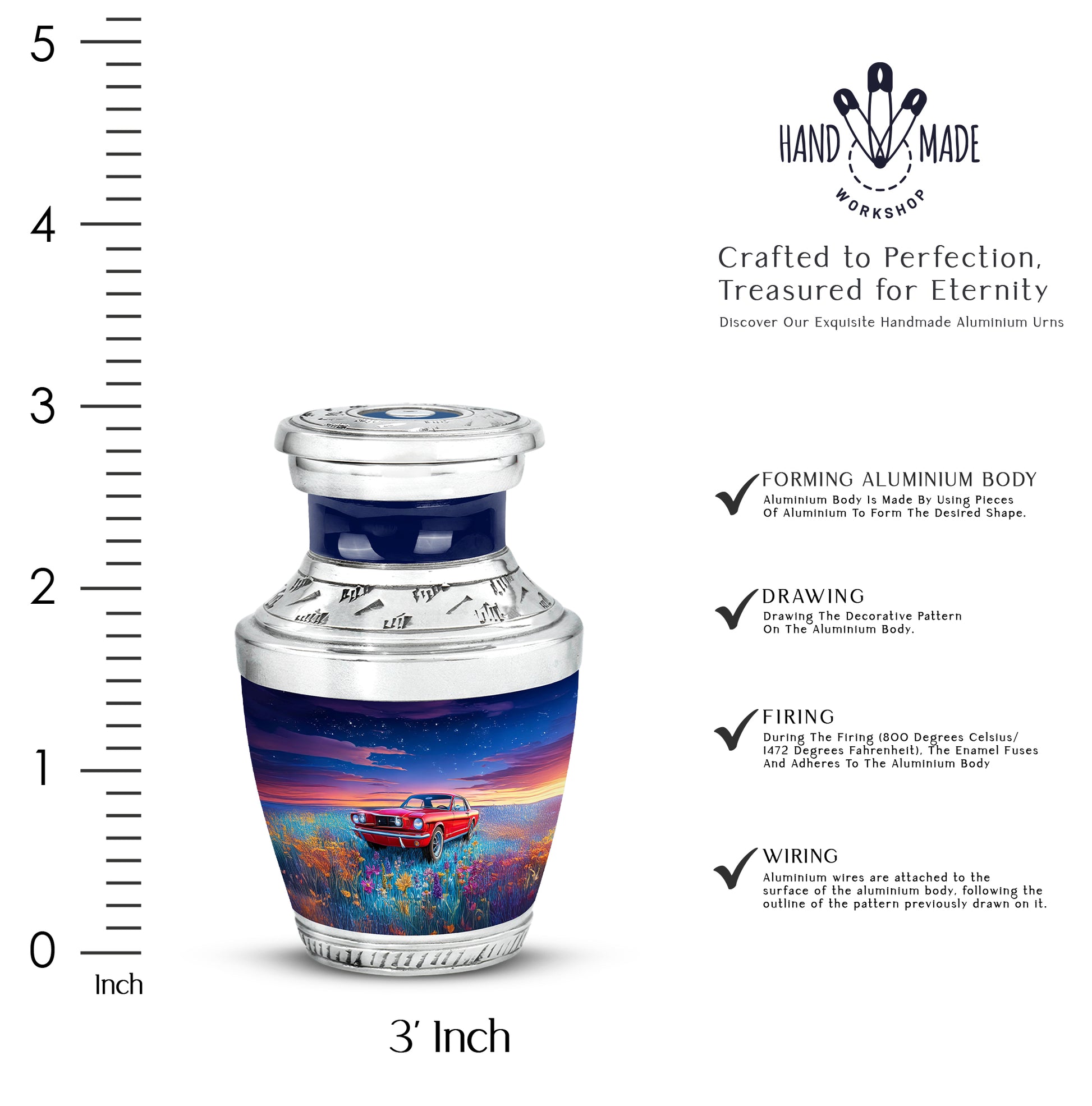 Calming Blue Car Cremation Urn top-down view of secure threaded lid - artistic car interpretation with creative detail - mini keepsake memorial for portion of cremation ashes