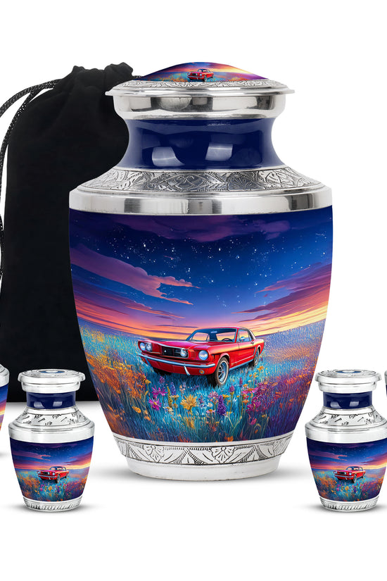Azure Car Cremation Urn lifestyle display on memorial shelf - modern art-inspired car motif on sleek aluminum - memorial set with one large and four small urns