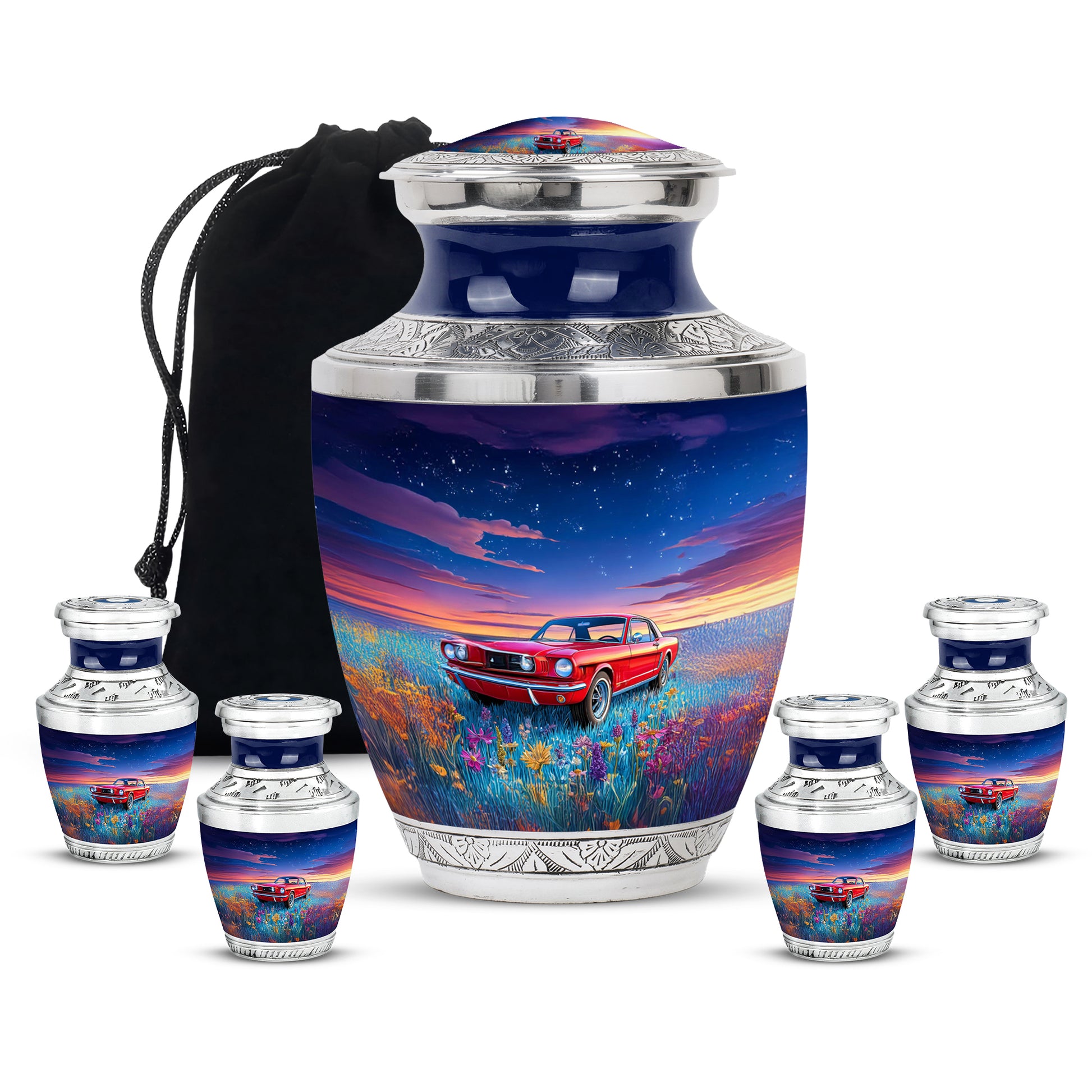 Azure Car Cremation Urn lifestyle display on memorial shelf - modern art-inspired car motif on sleek aluminum - memorial set with one large and four small urns