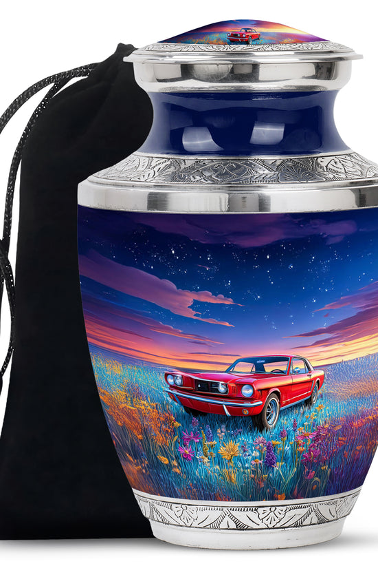 Misty Blue Car Cremation Urn side profile showing urn shape - modern art-inspired car motif on sleek aluminum - full-size 10 inch 200 cubic inch adult cremation urn